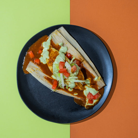 Ground Taco Protein Tamales with a Rojo Sauce + Avocado Crème